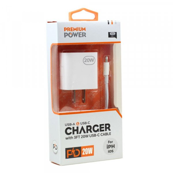 Wholesale 2in1 Wall 20W PD Fast Power Delivery Charger with 3FT USB-C to IP Lighting Cable for iPhone, iDevice (Wall - White)
